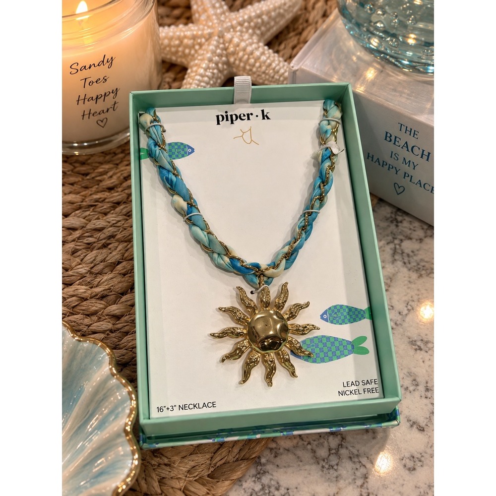 Piper K Sunburst Pendant Necklace Blue  Braided Fabric Gold Tone 16+3in